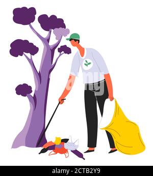 Volunteer collecting garbage in park, volunteering picking litter Stock Vector