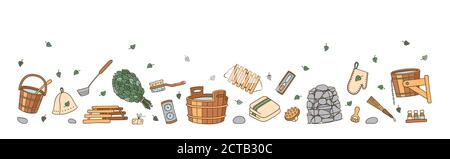 Flyer with hand drawn bathhouse and sauna accessories. Tub and birch broom, pot holder and hat, thermometer, massager and other. Vector illustration Stock Vector