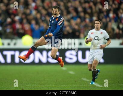 BRICE DULIN OF FRANCE JUMPS FOR JOYS AT THE FINAL WHISTLE   FRANCE v ENGLAND SIX NATIONS CHAMPIONSHIP  STADE DE FRANCE - PARIS  Copyright Picture : Ma Stock Photo