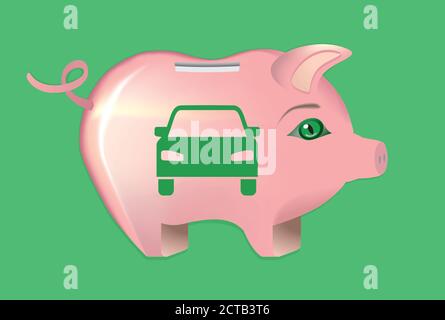 Pink piggy bank with green car. Vector illustration, eps10. Stock Vector