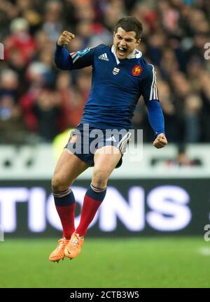 BRICE DULIN OF FRANCE JUMPS FOR JOYS AT THE FINAL WHISTLE   FRANCE v ENGLAND SIX NATIONS CHAMPIONSHIP  STADE DE FRANCE - PARIS  Copyright Picture : Ma Stock Photo