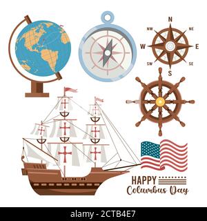 happy columbus day celebration with sailboat and set icons vector illustration design Stock Vector