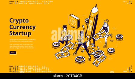 Crypto currency startup banner. Concept of launch and management business project with blockchain and digital money. Vector landing page with isometric people, coins and flying up rocket Stock Vector