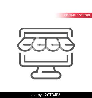 Computer screen with store front line icon. Monitor and storefront outline vector symbol, editable stroke. Online shopping. Stock Vector