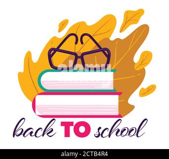 Back to school banner with books and dried leaves Stock Vector