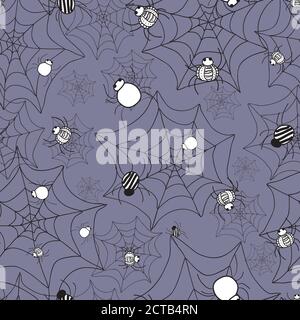 Crawly Spiders pattern on webs seamless vector repeat surface design halloween doodle style Stock Vector
