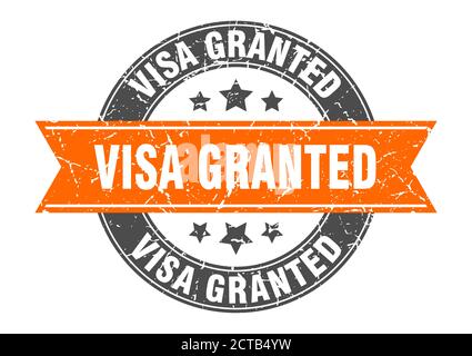 visa granted round stamp with ribbon. sign. label Stock Vector