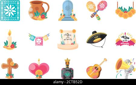 Mexican day of dead detailed style set of icon design, Mexico culture theme Vector illustration Stock Vector