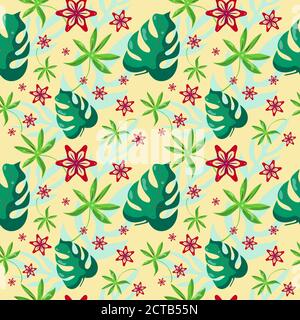 Seamless editable pattern, FLORAL tropical design, hand drawn leaves, yellow background for example. Isolated elements. VECTOR Stock Vector