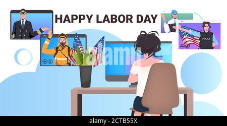 woman sitting at workplace discussing with people of different occupations in web browser windows self isolation online communication concept horizontal portrait vector illustration Stock Vector