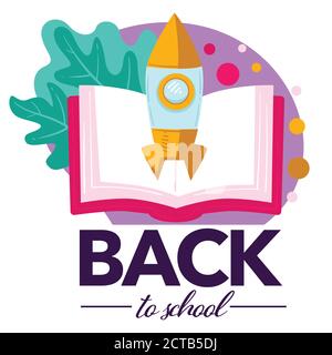 Back to school, open book with launching rocket Stock Vector