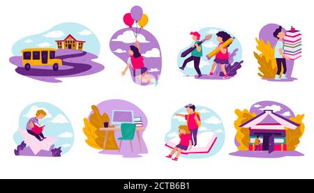 Pupils studying at school, kids with books vector Stock Vector