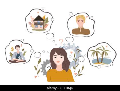 Dreaming girl thinking about her goals and making future plans about relationships, house, business, and vacations. Cartoon vector illustration Stock Vector