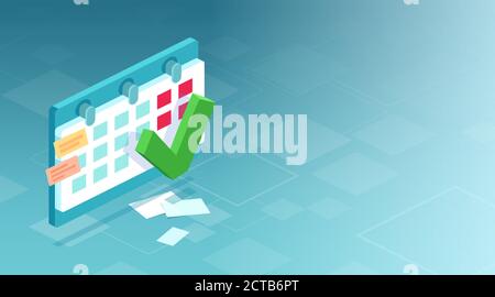 Isometric vector of a calendar with green mark Stock Vector