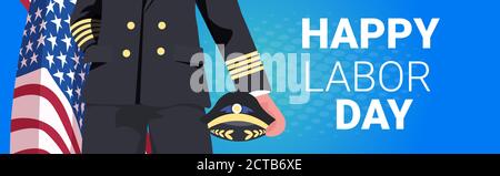 pilot in uniform holding USA flag happy labor day celebration concept closeup portrait horizontal vector illustration Stock Vector