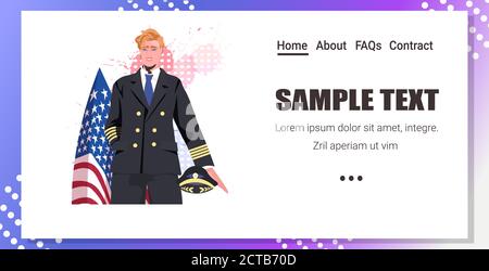 pilot in uniform near USA flag holding hat happy labor day celebration concept portrait horizontal copy space vector illustration Stock Vector