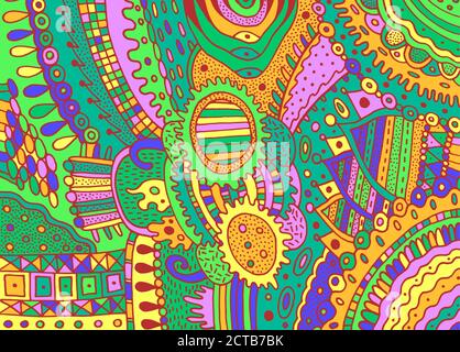 Colorful green trippy psychedelic ornament. Background with line art flower elements. Vivid shamanic texture. Zendoodle pattern. Vector illustration Stock Vector