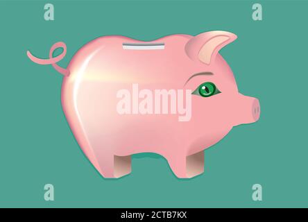 Pink cute piggy bank, copy space on the pig. Vector illustration. Stock Vector