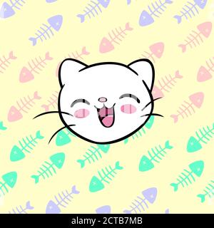 Seamless pattern with cartoon white kitten and fish. Vector illustration Stock Vector