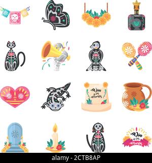 Mexican day of dead detailed style collection of icons design, Mexico culture theme Vector illustration Stock Vector