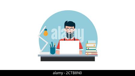 Vector of a young man working studying on laptop computer from home Stock Vector