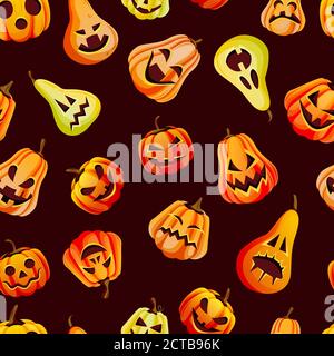 Halloween spooky emotion pumpkins seamless pattern. Vector flat cartoon illustration. Jack o lanterns face expression on black background. Holidays de Stock Vector