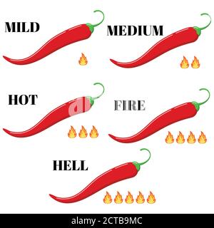Red chilli pepper with hot rate fire flame icon vector set isolated on white background. Stock Vector
