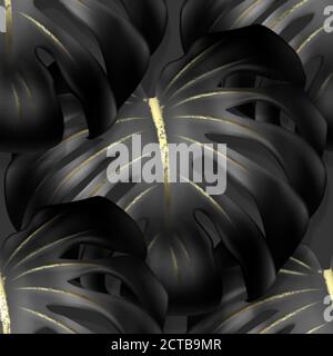 Seamless pattern with large black monstera leaf with gold veins. Close-up. In the style of minimalism, realistic illustration on a dark background. Ve Stock Vector