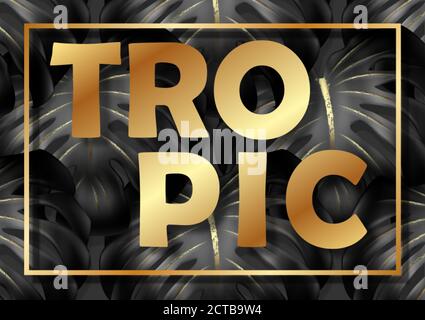 Golden frame with a pattern of black monstera leaves with gold veins.Close-up, mockup for spa salon design 3D realistic illustration. Vector. Stock Vector