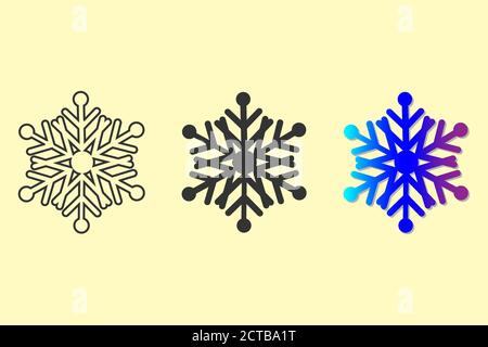 Vector set of 3 graphic snowflakes, outline view, black, gradient blue colors. Decorative isolated elements on light gold background. EPS 10 Stock Vector