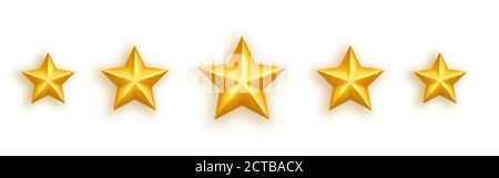 Golden realistic star set on white background. Five glossy stars gold stars rating icons. Luxury holidays design element. Shining gold bauble Stock Vector