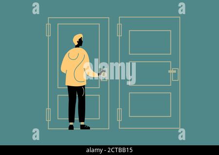 Young male character standing in front of two closed doors and trying to open one. Decision making concept. Flat design modern illustration. Stock Photo