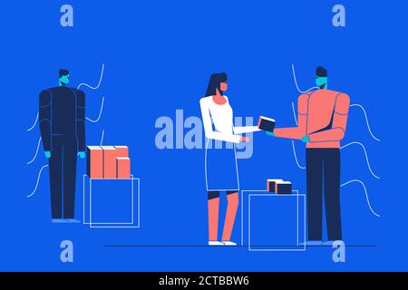 Abstract characters in a market trading. Corporate style illustration made of simple shapes. Persons without any specific race or ethnicity. Stock Photo