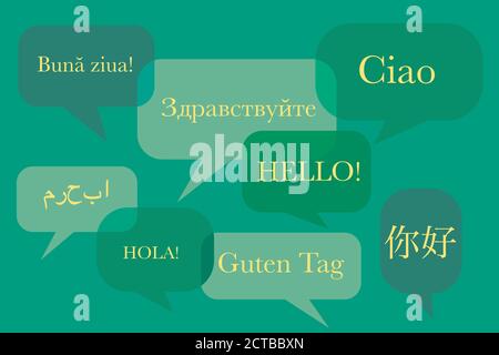 Speech bubbles with word hello written in different languages (from left to right): Arabic, Romanian, Spanish, Russian, German, English, Italian, Chin Stock Photo