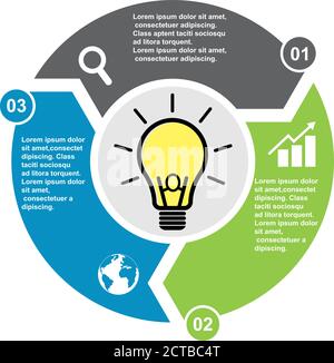 3 step vector element in three colors with labels, infographic diagram. Business concept of 3 steps or options with light bulb new . Stock Vector