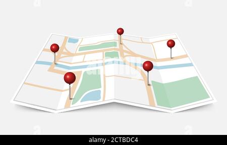 Folded paper city map with red pin pointer, vector illustration Stock ...
