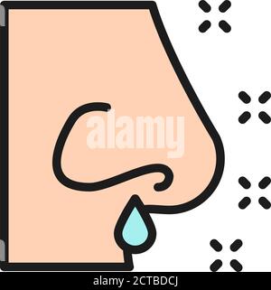 Runny nose, rhinitis, allergy, nasal mucus flat color line icon. Stock Vector