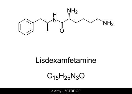 Lisdexamfetamine, chemical structure. A medication and derivative of amphetamine. A central nervous system stimulant, used in the treatment of ADHD. Stock Photo