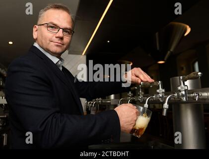 Prague, Czech Republic. 17th Sep, 2020. Zdenek Havlena, who replaced Petr Kovarik as CEO of Pivovary Staropramen brewery in Czechia and Slovakia, the latter leaving the company after almost four years in the post, on February 2020, gives an interview to Czech News Agency (CTK) in Prague, Czech Republic, on September 17, 2020. Havlena joined the company in 2001. The change is part of Pivovary Staropramen's reorganisation done by the parent company, Molson Coors. Credit: Ondrej Deml/CTK Photo/Alamy Live News Stock Photo