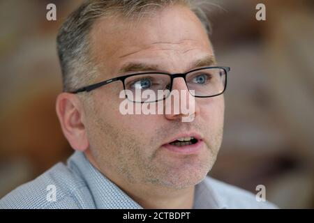 Zdenek Havlena, who replaced Petr Kovarik as CEO of Pivovary Staropramen brewery in Czechia and Slovakia, the latter leaving the company after almost four years in the post, on February 2020, gives an interview to Czech News Agency (CTK) in Prague, Czech Republic, on September 17, 2020. Havlena joined the company in 2001. The change is part of Pivovary Staropramen's reorganisation done by the parent company, Molson Coors. (CTK Photo/Ondrej Deml) Stock Photo