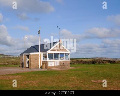 The Worms Head National Coastwatch Institution lookout building and at Worms Head Rhossili Gower Peninsula Wales UK Stock Photo