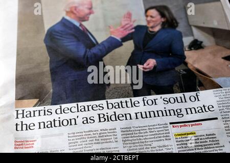 USA 2020 election Kamala 'Harris declares battle for 'soul of the nation' as Joe Biden running mate' Guardian newspaper headline Democratic candidate Stock Photo