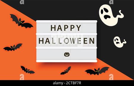 Happy halloween lightbox vector illustration.Orange and black background.Happy Halloween Poster with Bats and ghost on Orange background.Spooky banner Stock Vector