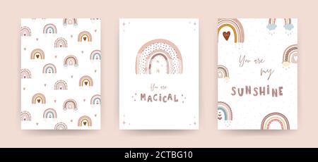 Trendy rainbows in boho style in pastel color. Set of different posters. Children illustrations for post card. Doodle art elements. Modern vector Stock Vector