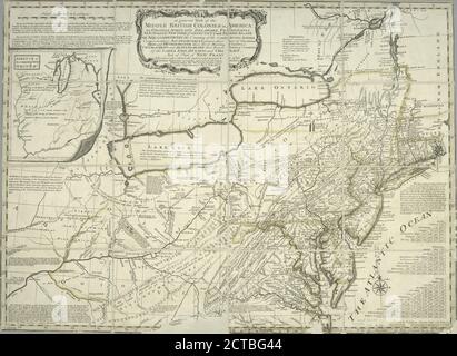 A general map of the middle British colonies in America : viz. Virginia, Maryland, Delaware, Pensilvania, New-Jersey, New-York, Connecticut and Rhode-Island : of Aquanishuonigy the country of the confederate Indians comprehending Aquanishuonigy proper, their places of residence, Ohio and Thuchsochruntie their deer hunting countries, Couchsachrage and Skaniadarade their beaver hunting countries, of the Lakes Erie, Ontario and Champlain, and of part of New-France : wherein is also shewn the antient and present seats of the Indian nations, cartographic, Maps, 1758, Evans, Lewis, 1700?-1756 Stock Photo