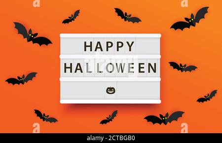 Happy halloween lightbox vector illustration. Happy Halloween Poster with Bats on Orange background. Spooky banner or template. Stock Vector