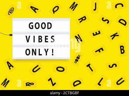 Light box with letters isolated on yellow background vector illustration. Text "good vibes only" on lightbox. Stock Vector