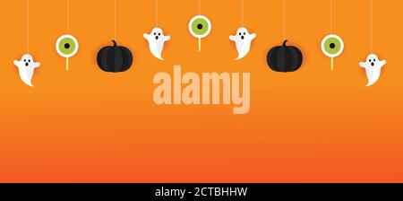 Halloween banner vector. Happy Halloween banner background with eye, candy, ghost and pumpkins in paper cut style. Stock Vector