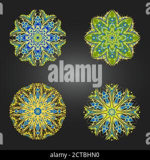 Vector set of decorative round ornaments. Design elements in yellow, green and blue colors. Stock Vector