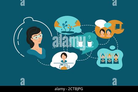 Illustration about soft skills, small talk, communication with people, useful acquaintances, joint activities, entertainment for women, girls Stock Vector